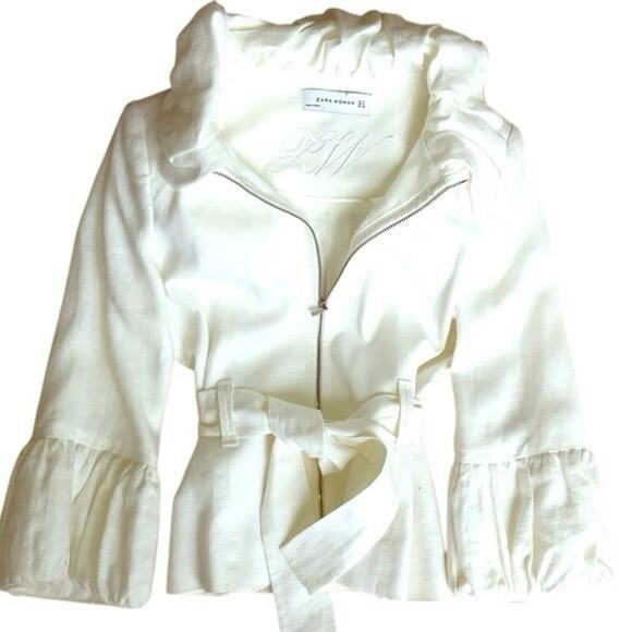 Zara White Linen Jacket Large Ruffle Collar And Cuffs Tie Belt Fitted Statement - Picture 1 of 7